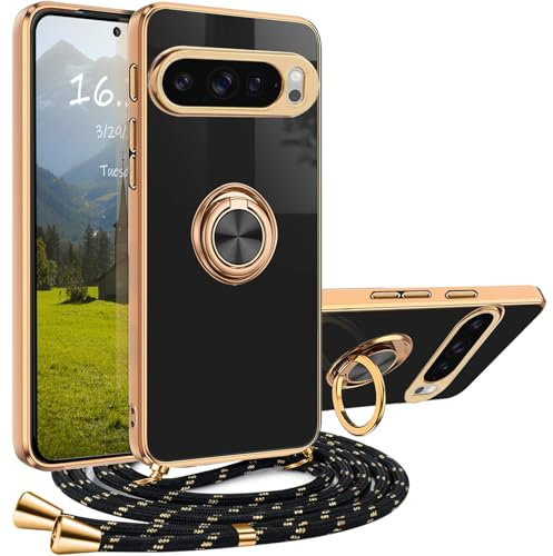 XCYYOO Handykette Google Pixel 9 Pro XL Hülle mit Band, Handyhülle Google Pixel 9 Pro XL mit Kette Luxuriös Galvanisierte Schutzhülle zum umhängen Silikon Ständer Google Pixel 9 Pro XL Case mit Ring