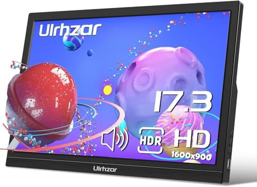 Ulrhzar Tragbare Monitor 17.3 Zoll externer PC-Bildschirm1600x900 Display 60Hz 99% sRGB mit Standfuß und Lautsprechern USB C HDMI Portable Monitor für Laptop PC, Phone,Switch,PS4/5