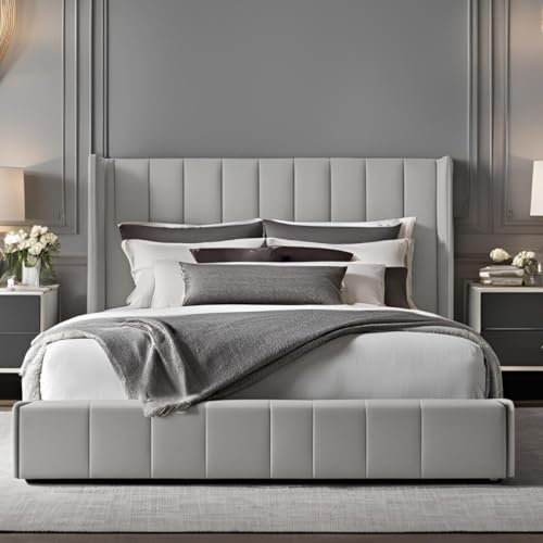 Furnishion Wingback Panel Super King Bed Frame with Storage - Silver Ottoman Bed Super King - Upholstered Panel Storage Bed - Mattress Not Included