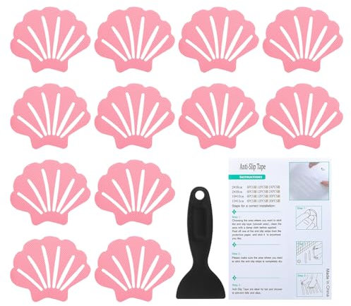 PATIKIL Pegatinas Antideslizantes para Bañera 3.54x2.76, 12Pcs Pegatinas Antideslizantes en Forma de Concha para Seguridad con Adhesivos y Raspador para Bañera, Ducha, Suelo de Color Rosa