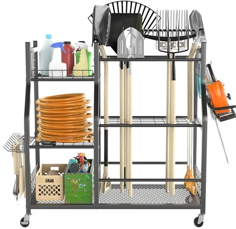 TORACK Garden Tool Organizer with Wheels, Rakes Shovels Yard Tools Stand