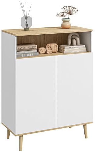 HOMCOM Meuble de Rangement, Buffet Cuisine, Design scandinave, avec Placard 2 Portes, étagère réglable, Pieds en Bois Massif, 80 x 38 x 102 cm, Blanc et Aspect Bois