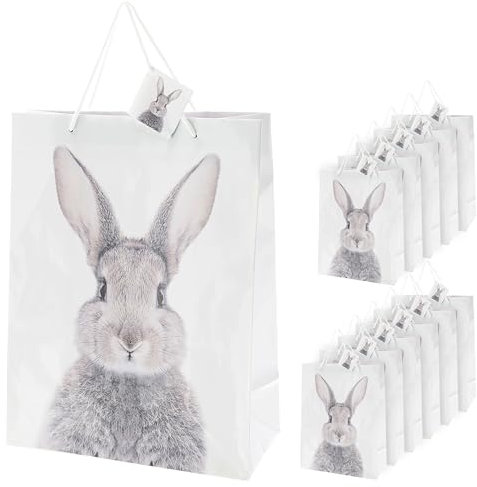 Geschenktüte Hase 12er Set | 25x33x12cm Papier 128g/m² weiß matt | beidseitig bedruckt | Ostern Henkel Geschenkanhänger