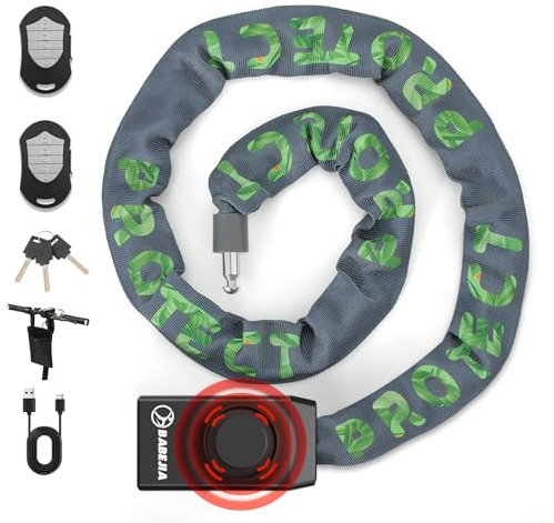 BABEJIA 120cm Candado de Cadena con 110db Alarma Antirrobo, Candado de Cadena con Recargable Alarma Antirrobo Multifuncional para Patinete, Bicicleta, Motocicleta