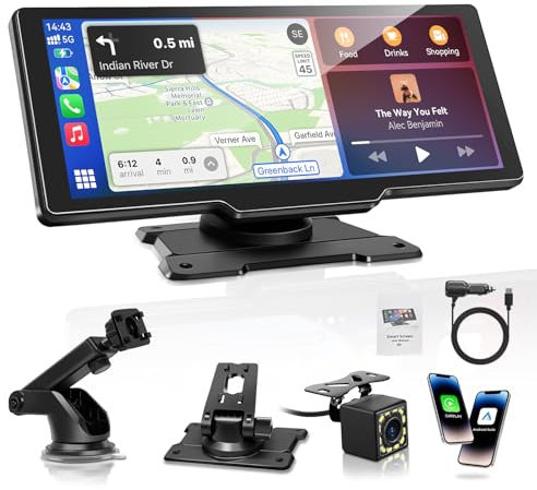 Carpeer Écran Carplay Voiture 10,26 Pouces sans Fil pour A-pple Carplay & Android Auto avec Écran Tactile IPS 1080P, Caméra de Recul, Mirror Link, Bluetooth, GPS, FM, AUX, Commande Vocale Google/Siri