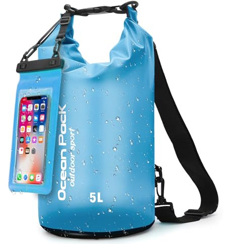 KUOGAS Bolsa Estanca Impermeable con Bolsa Impermeable Móvil & Correas – Mochila Impermeable para Outdoor, Camping & Deportes Acuáticos | 5L, 10L, 20L | Bolsa Playa Impermeable (Azul, 5 L)