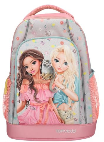 Depesche 13331 TOPModel Juicy - Schulrucksack Trolley in Rosa und Grün, mit Model Motiv und Blumen Muster, Schultasche mit Teleskopgriff und Rollen