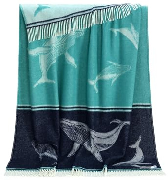 JJ Textile Whale 100% Merino Throw - Soft & Cosy With a Reversible Design - Quality Wool Throw for Bed, Sofa & Home Decor - Large Blanket 190cm x 130cm.