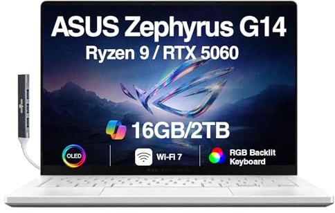 ASUS ROG Zephyrus G14 AI Gaming Laptop 14 ROG Nebula OLED 2.8K 500nits Display (AMD Ryzen 9 270, GeForce RTX 5060 8GB, 16GB LPDDR5X, 2TB SSD, RGB KYB, WiFi 7, Win 11 Pro) con espansore porta USB DKZ