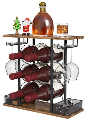 NEYCIL Weinregal für die Tischplatte, geeignet für 6 Weinflaschen und 4 Gläser, freistehendes Regal, zur Aufbewahrung in Küchenschränken, Heimbars und Restaurants, Holz-Weinlagerorganizer (Schwarz).