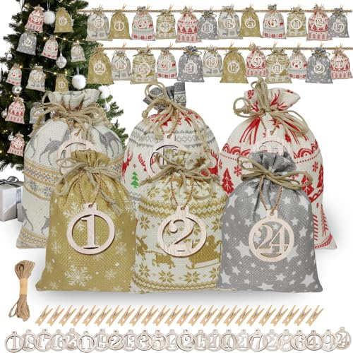Selbstgemachter Adventskalender Zum Befüllen Stoff Kinder,24Jutesäckchen Adventskalender Säckchen,Weihnachtskalender Zum Befüllen Groß Und Kleine Mit Adventskalenderzahlen Holz Hängeetikett