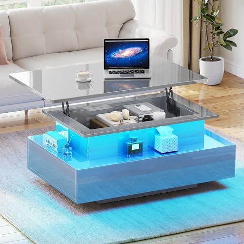 YITAHOME Couchtisch Hochglanz mit LED-Streifen, Couchtisch mit Ablagefläche für Wohnzimmer, moderner rechteckiger Teetisch aus Holz mit 2 Schubladen