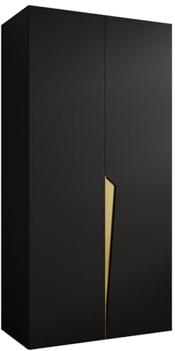 MEBLE KRYSPOL - Kleiderschrank - Garderobenschrank - 100 cm x 202 x 52 cm - Schrank mit Kleiderstange, 2 Türen - für Schlafzimmer, Flur - Piano, Schwarz, Griff Gold