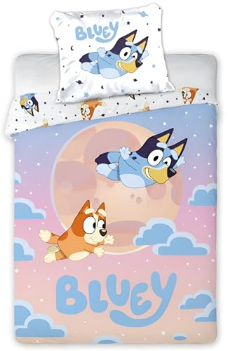 BrandMac Bluey & Bingo Junior Bettwäsche-Set | Bettbezug 100x135 cm mit Kissenbezug 40x60 cm | Offizielles Bluey Baby Bettwäsche-Set | Farbenfrohes Cartoon-Design