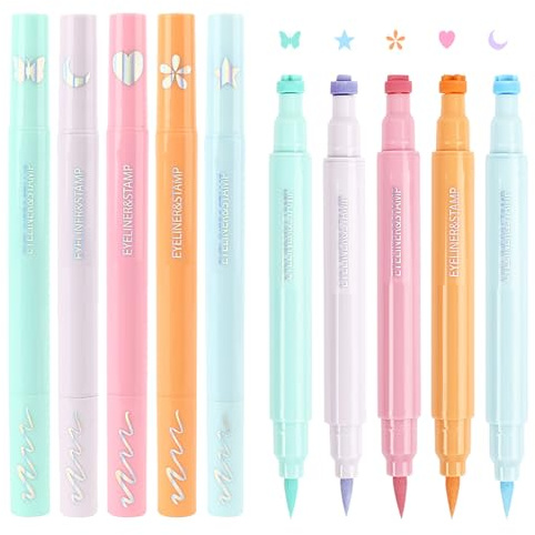 Eyeliner-Stempel, Set mit schnell trocknenden Eyelinern, lange Lebensdauer, Design Stern Mond Herz Blume, verschiedene Farben, 5 Stück, Doppelspitze, 2-in-1-Stift, ideal für Make-up