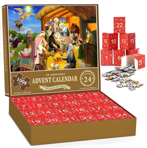 AZIDWERYQ Weihnachts-Adventskalender 2024, 1008 Teile Puzzle, 24 Tage Die Geburt Jesu, Weihnachts-Countdown-Kalender, Krippen-Adventspuzzle für Erwachsene und Kinder