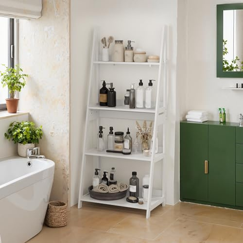 HaoChrymec Leiter-Bücherregal aus MDF, 4-lagiger Bücherregal-Organizer, Offenes Präsentationsregal, Freistehendes Badezimmer-Aufbewahrungsregal, Homeoffice-Regal, Weiß, 63.00 x 39.00 x 150.00 cm