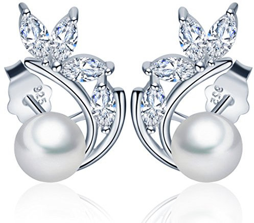 Yumilok 925 Sterling Silber Zirkonia Perlen Blätter Kleeblatt Ohrstecker Ohrringe Hypoallergen Ohrschmuck für Damen Frauen Mädchen