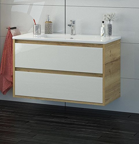 naka24 Badmöbel Set Cristal 90 cm LED Badezimmer MÖBEL MIT WASCHBECKEN Eiche/GRAU (Waschtisch)