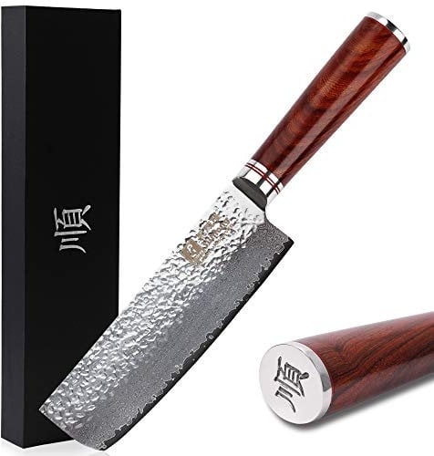 Sunlong Couteaux Nakiri 6.5 pouces Couteaux Usuba Japonais VG10 Martelé Damas Acier Naturel Rose Manche En Bois