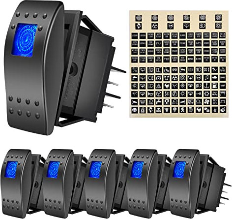 eFuncar Kippschalter, 12 Volt, 4-polig, SPST, 20 A/12 V, 10 A/24 V, An-/Aus-Set mit Nachtleuchten-Aufkleber, blaues LED-Licht, wasserdicht, Boot, Marine, Kippschalter, 2 Positionen, für LKW, Motorrad,
