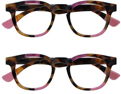 OPULIZE Ava Reading Glasses 2 Pack Flattering Rounded Frame Spring Hinges Scratch Resistant Brown Tortoiseshelll Pink Mens Womens RR62-4 +1.50