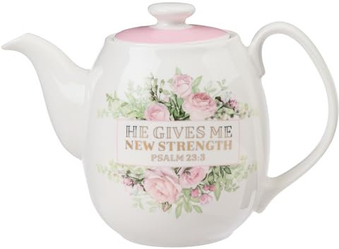 Christian Art Gifts Women's White Ceramic Teapot for One: He Gives Me New Strength - Psalm 23:3 Inspirational Bible Verse, Novelty/Vintage Pink Rose Flower Bouquet w/Golden Foil for Hot & Cold, 32 oz.