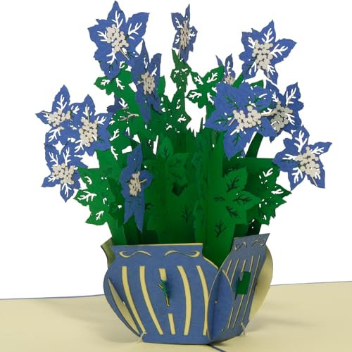 LINPOPUP®, LIN17668, POP UP Karte - blauen Blumenvase Blumen - 3D Geburtstags-Karte - Muttertag Gruß-Karte mit Blumen-Motiv - Klapp-Karte - Blau, N391