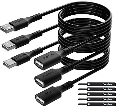 3 Pack USB Extension Cable 6 FT, USB 2.0 Type A Male to Female Extender Cord Adapter, Compatible with Printer, Keyboard, Mouse, Flash Drive, Hard Drive, Controller, Black Cable with 5 Cable Ties
