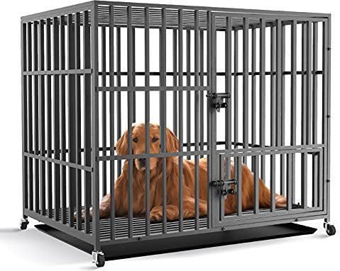 BingoPaw Heavy Duty Dog Crate: 46 inch Extra Large Pet Cage on Wheels with Tear Resistant Square Tube - Metal Military Puppy Cages with 2 Prevent Escape Lock and Tray Black XXL (117x84x86.5cm)