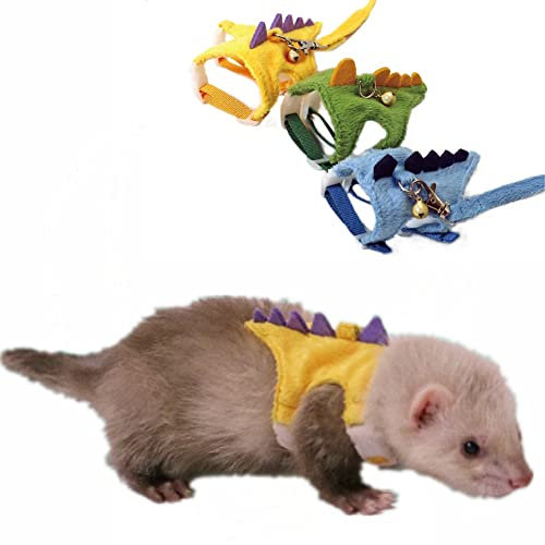 Frettchen-Geschirr und Leine, weiches Fleece, Dinosaurier-Form mit sicherer Glocke, kein Ziehen, bequem gepolsterte Weste für Frettchen, Meerschweinchen, Chinchilla und ähnliche Kleintiere (3er-Pack,