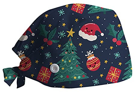 LuckyLucy Verstellbar OP Haube für Damen Pflege 2021 Weihnachten Chirurgische Hut für Ärzten Krankenpfleger Kosmetikerin Baumwolle Atmungsaktiv Kochmütze mit Motive Winter Warm Mütze