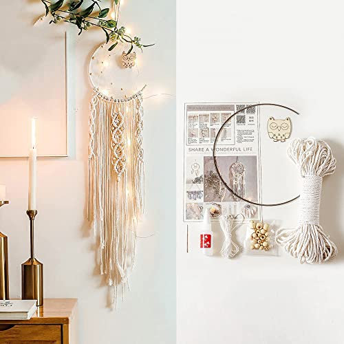 Makramee Traumfänger Set,Makramee Garn Baumwollgarn Makramee Schnur zum Basteln,Makramee Zubehör Set für DIY Handwerk Macrame Dekoration Wandteppich Wandbehänge Traumfänger,Eule Mond Traumfänger