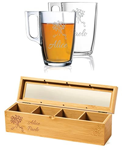 MASTERLASER3.0 Set The Personalizzato Due Tazze Tè Vetro Temperato Personalizzabili e Porta Bustine Tisane in Bambù con coperchio in legno e vetro Personalizzabile con Nome Iniziali Data Idea regalo