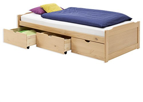 IDIMEX Bett MIA aus massiver Kiefer in buchefarben, schönes Funktionsbett mit 3 Schubladen, praktisches Jugendbett mit Liegefläche 90 x 200 cm