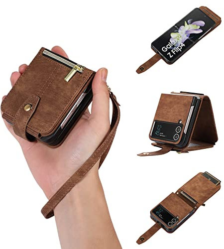 UEEBAI Hülle für Samsung Galaxy Z Flip 4 5G, 3 Kartenfäche Retro Leder Geldbörse Stoßfest Flip Case mit Handschlaufe Standfunktion Reißverschluss Handyhülle Magnetverschluss Wallet– Retro Braun