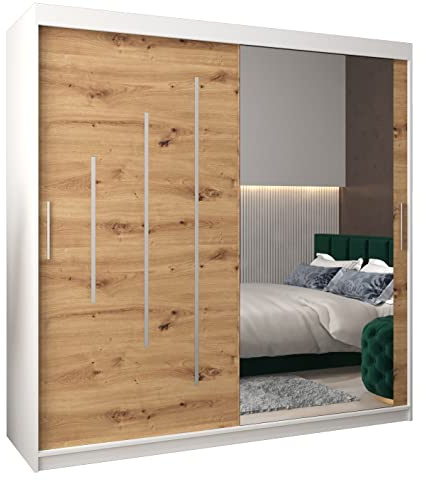 ABIKSMEBLE York 2 200 Armario de Dormitorios con Tres Puertas Correderas - Armario de Almacenamiento Moderno con Espejo, Perchero y Estantes - 200x200x62 cm - Blanco Mate + Artesano