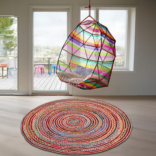 RIANGI Entryway Rugs Indoor-Teppich, rund, 122 cm, wendbar, bunt, Mehrfarbig, geflochtene Jute, Chindi, Naturfaser, recycelte Baumwolle, Boho, Küstenteppich, niedlicher Teppich
