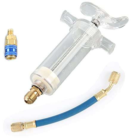 Inyector de aceite y tinte de aire acondicionado para coche, herramientas refrigerantes con adaptador de acoplador rápido de lado bajo, conector SAE de 1/4 pulgadas para R134A 30 ml,1 onza