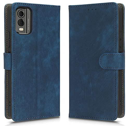 XINNI RFID Protective Phone Case for Nokia C32, PU/TPU Flip Leather Shockproof Cover, Blue