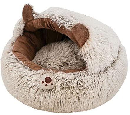 AWHAO Katzenbett mit Kapuze, Plüschhütte, Weiche Halb Geschlossene Höhle, Gemütlich mit Abnehmbarem Kissen, Kleines Hundebett, Braun 40cm