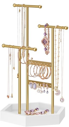 SONGMICS Porte-bijoux, Organisateur de Bijoux, Support Accessoires, en Métal et Bois, pour Colliers, Bracelets, Boucles d'oreilles, Bagues, Doré JJS003A01