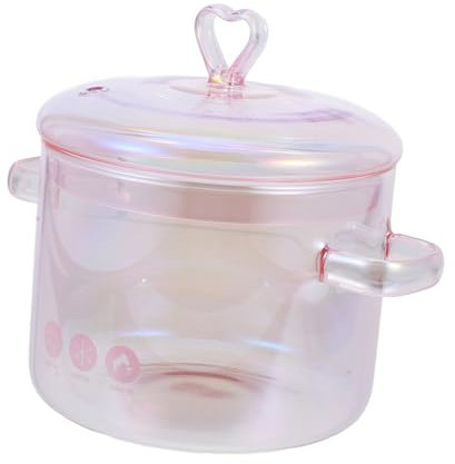 Operitacx 1.5L Glass Saucepan with Lid, Clear Cooking Pot with Two Handle, Stockpot Pot for Pasta Soup Noodle Milk Water Boiling Stock Cookware (Pink)