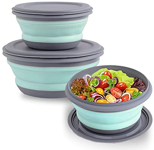 Huntoshon Lot de 3 bols pliables en silicone de qualité alimentaire avec couvercles, boîte à déjeuner extensible portable pour le camping, les voyages et les pique-niques