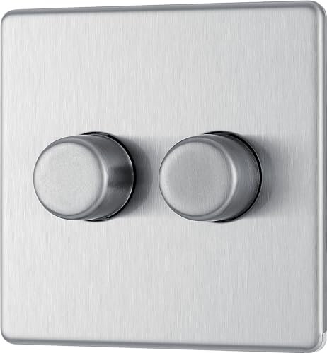 British General Electrical FBS82 Nexus Flatplate Screwless Brushed Steel 2 Gang 200W 2 Way Trailing-Edge Push Dimmer