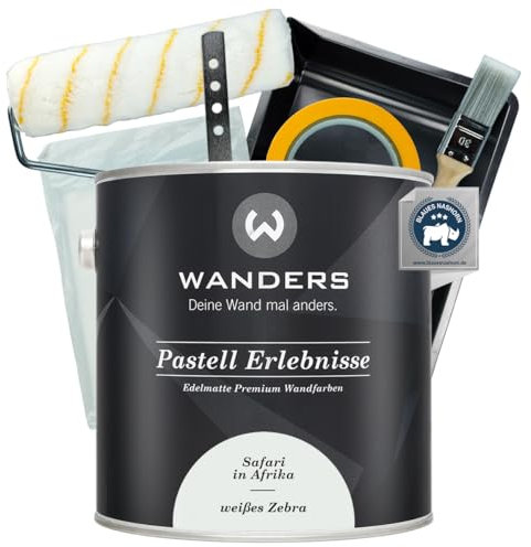 Wanders Pastell Erlebnisse Wandfarbe 2,5L (weißes Zebra, Weiß) inkl. Streichset Basic – Premium Kreidefarbe, Leichte Anwendung, Hochdeckend, Ultramatt, Perfekt für Heim-DIY