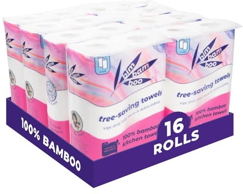 Bim Bam Boo 2-lagige, baumfreie Premium-Bambus-Papierhandtücher, 16 Rollen mit 100 % Bambus-Küchentüchern