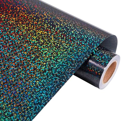 VINYL FROG Holographic Glitter Heat Transfer Vinyl 12 x5ft Black Colorful Shimmer Heat Press Patterned Vinyl Iron on HTV Vinyl for DIY T-Shirts and Other Fabrics