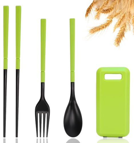 KSJEHW 4 Piezas Cubiertos - Palillos, Cuchara y Tenedor en Estuche, Bento Coreano y Japonés - Apto para Lavavajillas（Verde