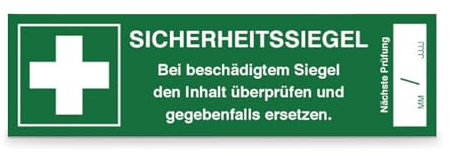 Sicherheitssiegel für Erste Hilfe Koffer - 5 Aufkleber auf Bogen - VOID-Folie - BxH: 10,5 x 3,0 cm - Manipulationssicherung - Übertragungsschutz
